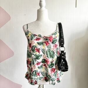 White Tropical Print Tank Top, Coconut Girl Y2K Boho Resortwear‎ Small